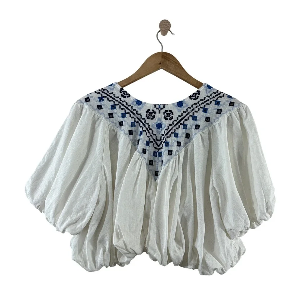 Free People White Blue Embroidered Linen Blend Puff Sleeve Bubble Hem Blouse M